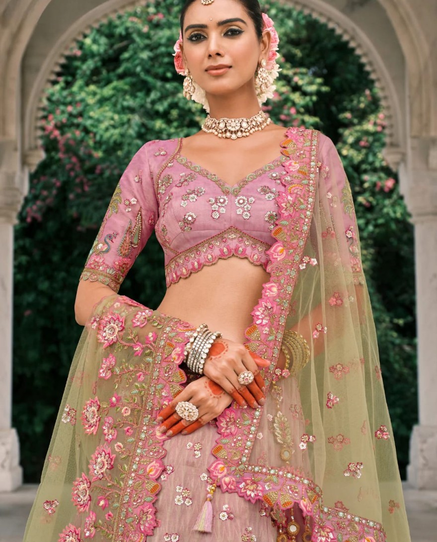 Green - Pistachio Green Fancy Silk Lehenga Choli With Cut Work Embroidery Border & Stone Work